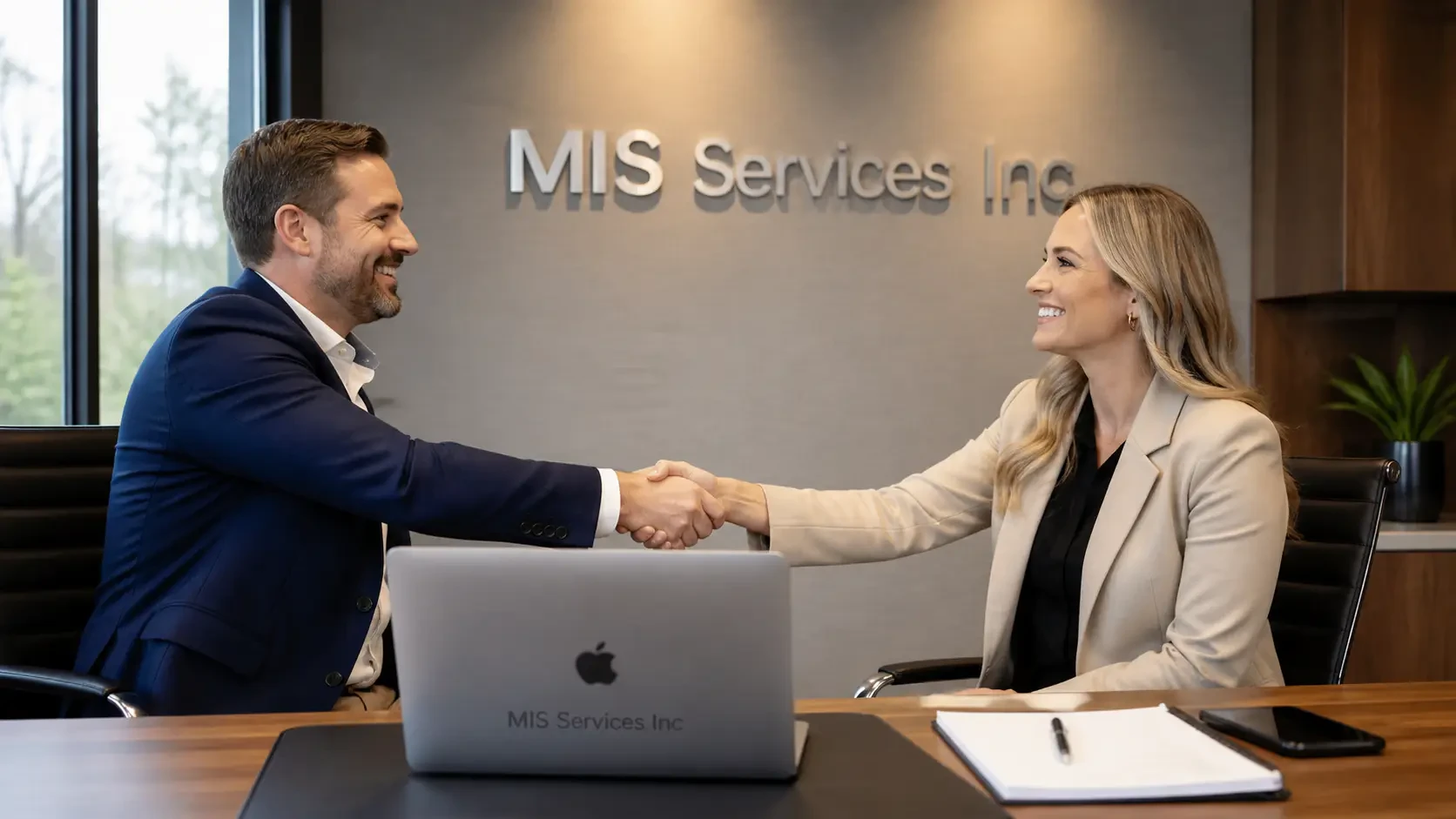 Two business professionals shaking hands closing a deal at MIS Services Inc office in Lindenhurst, Long Island, NY