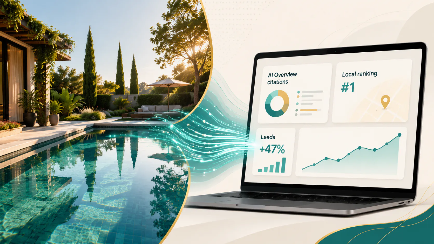 Modern pool builder marketing dashboard showing AI Overview citations, local SEO rankings, and lead flow for a pool construction company